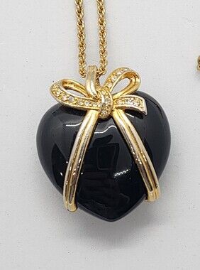 Vintage Joan Rivers Black Resin Heart Ribbon Bow Rhinestone Necklace